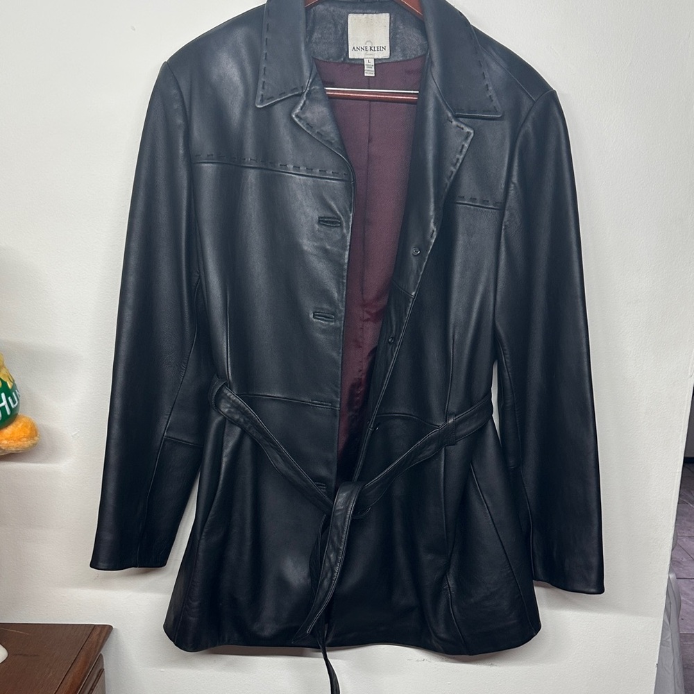 Anne Klein Elegant Black Leather Jacket/Genuine Lamb Skin